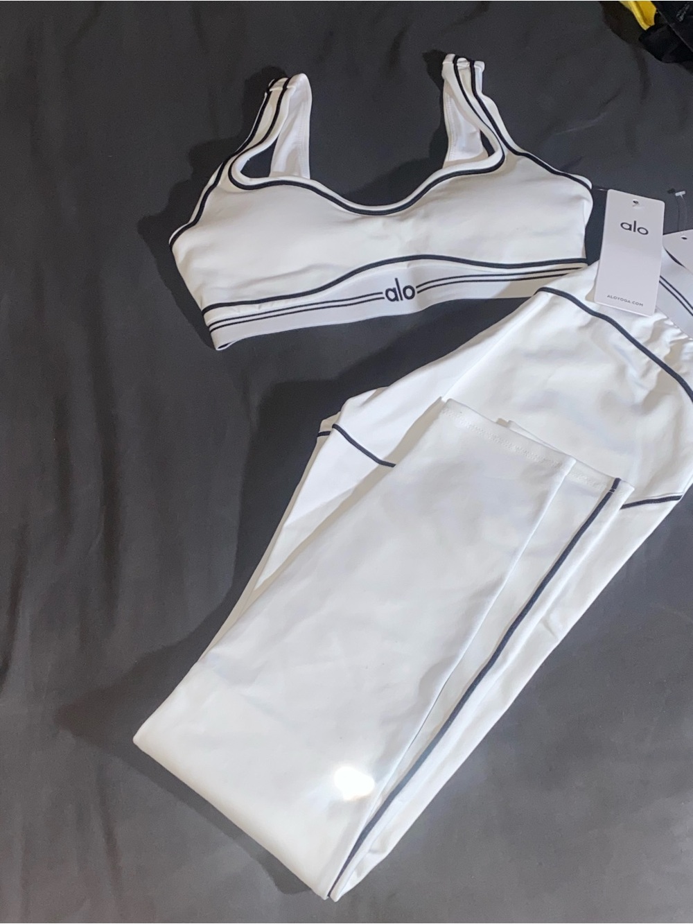 ALO Yoga White Sports Bra & Leggings with Black Piping